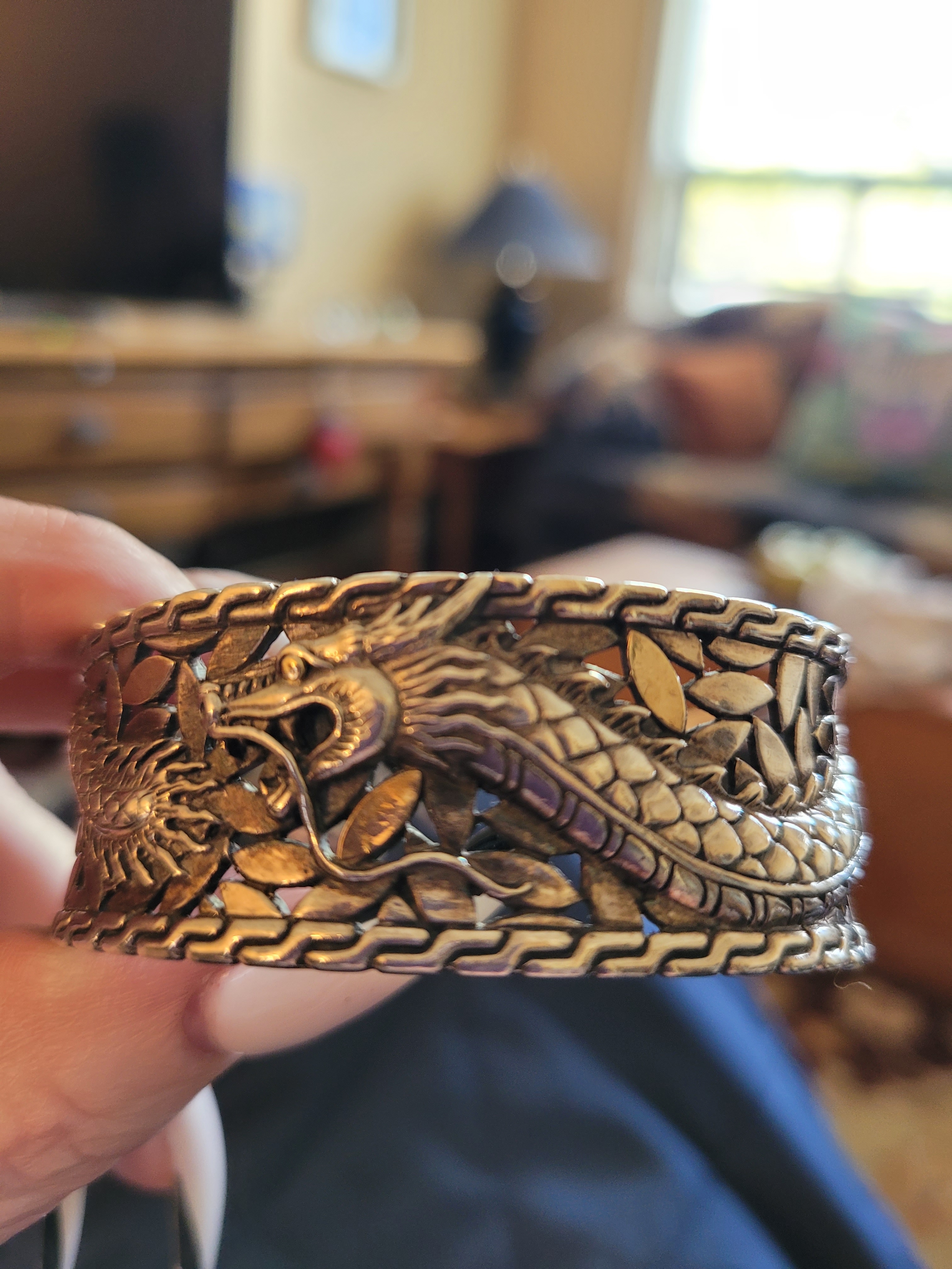 Intricate Dragon Motif Cuff Bracelet - Antique Gold Tone